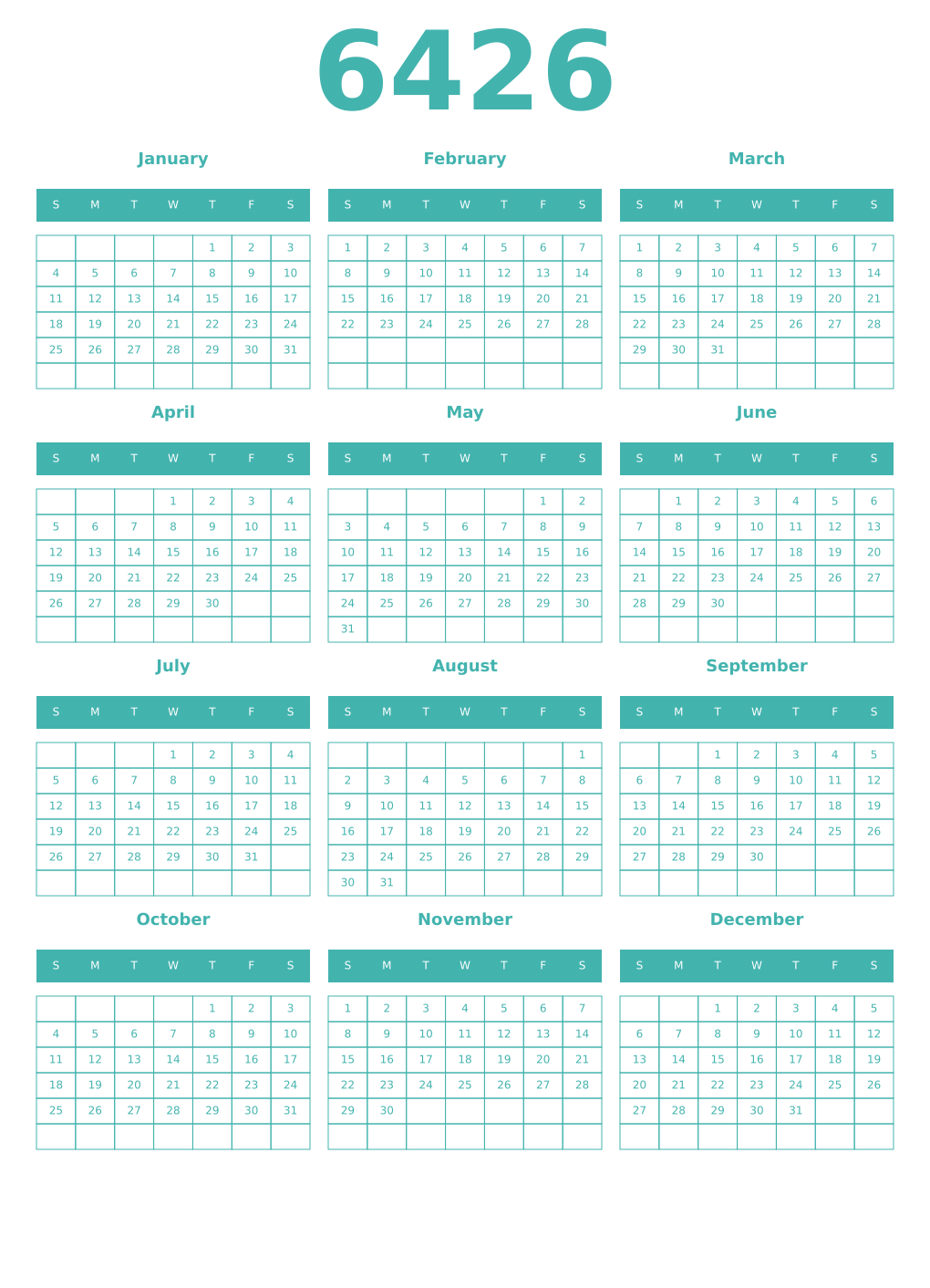 Printable 6426 Year Calendars verdigris