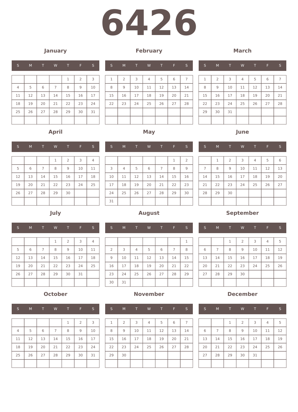 Printable 6426 Year Calendars wenge