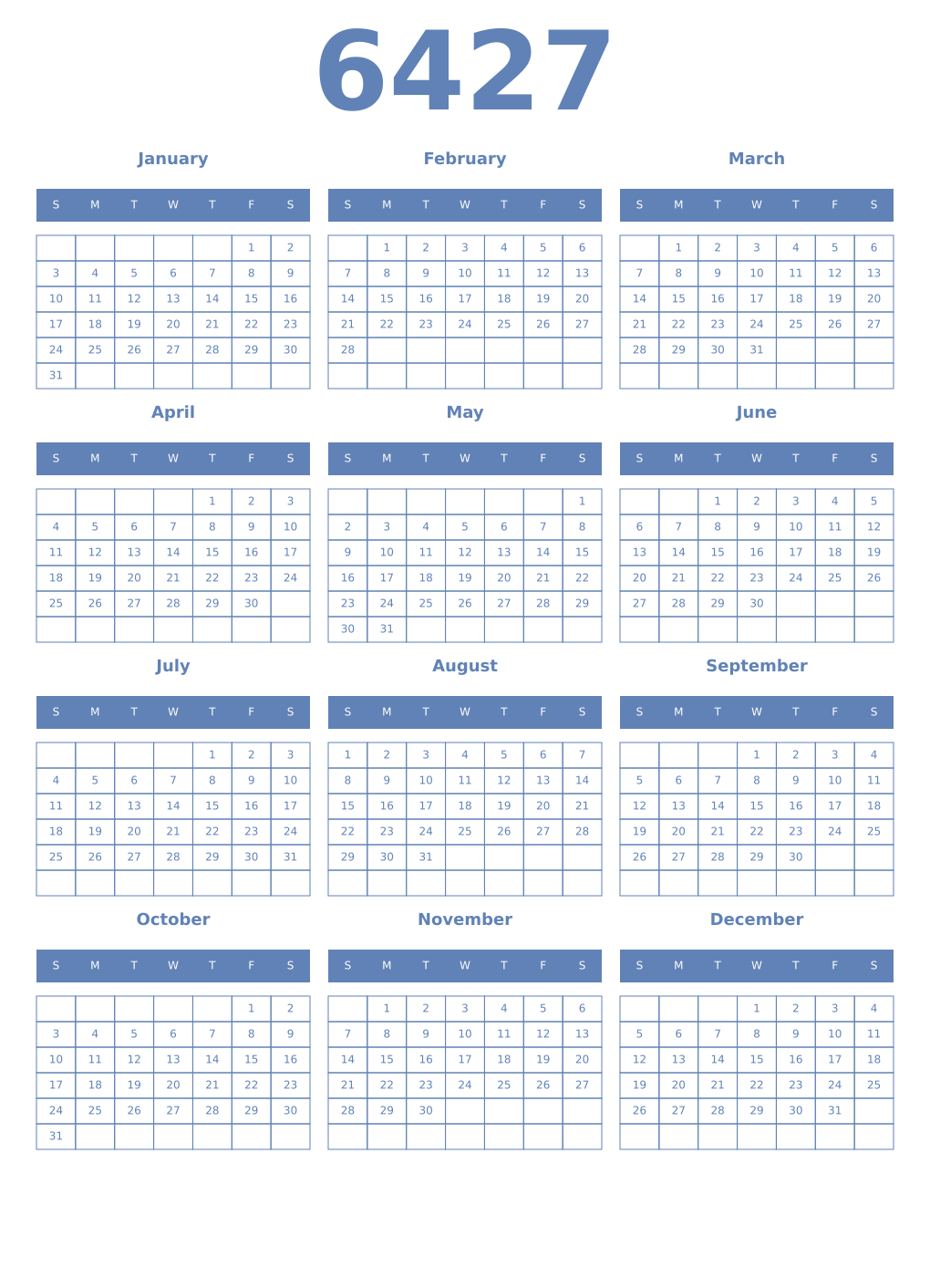 Printable 6427 Year Calendars glaucous