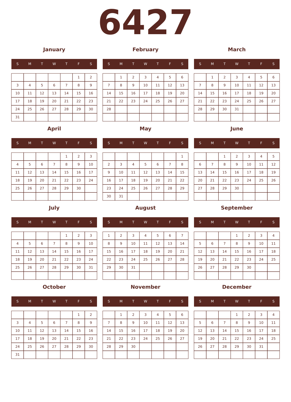 Printable 6427 Year Calendars mortuum