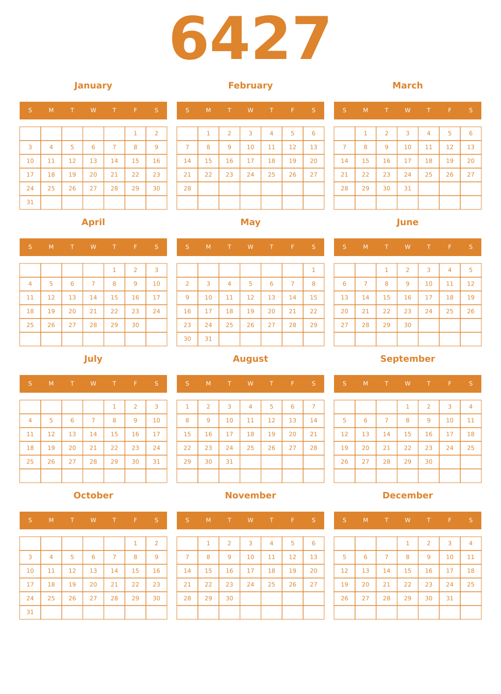 Printable 6427 Year Calendars orange