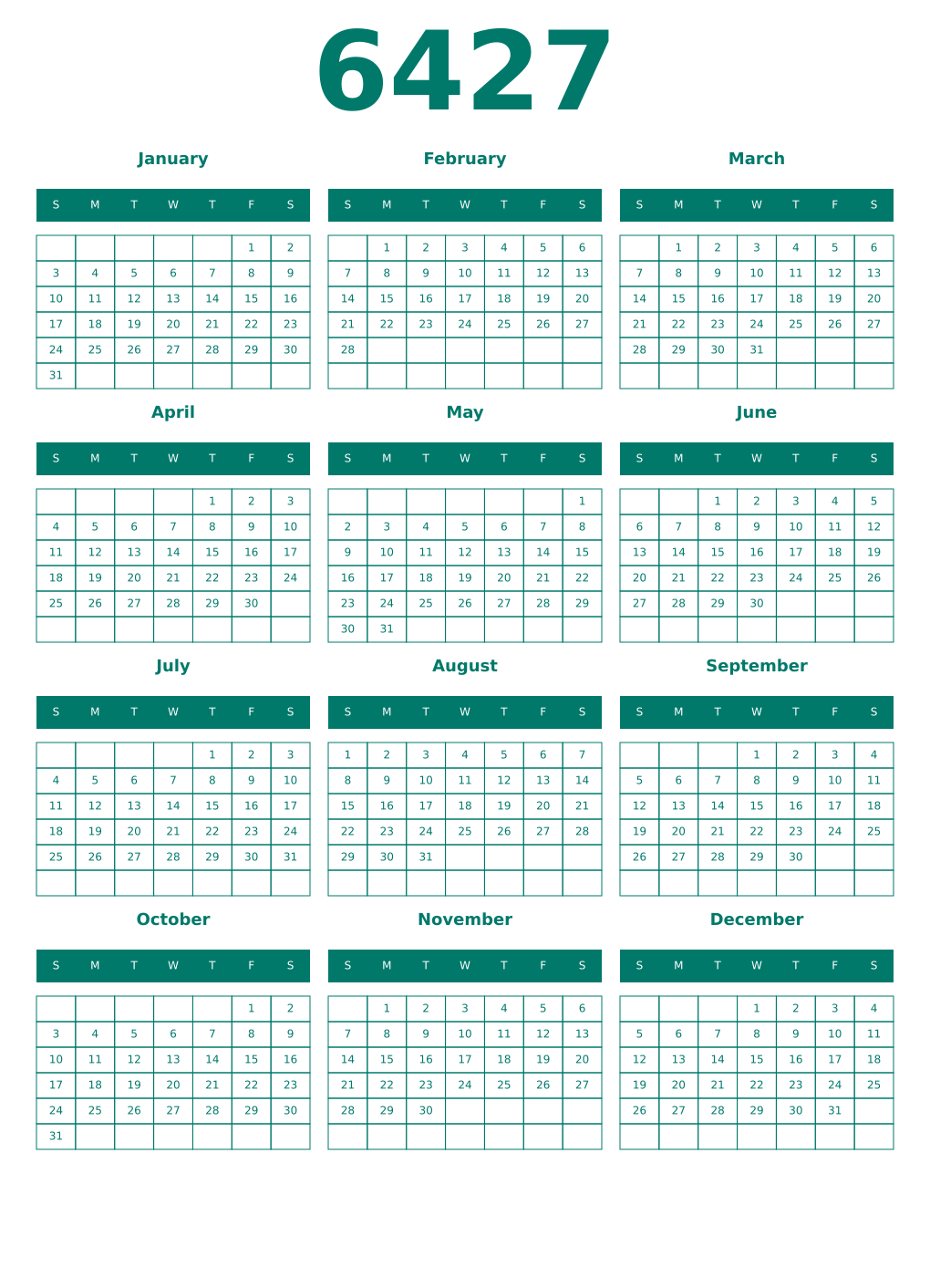 Printable 6427 Year Calendars pastel