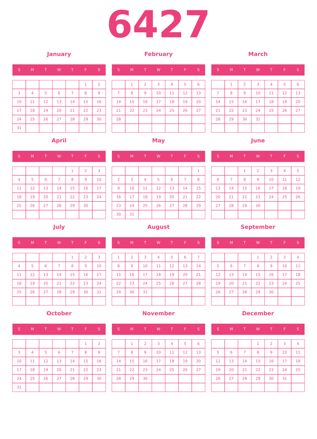 Printable 6427 Year Calendars pink