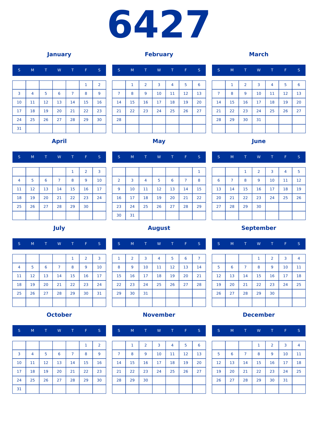 Printable 6427 Year Calendars smalt