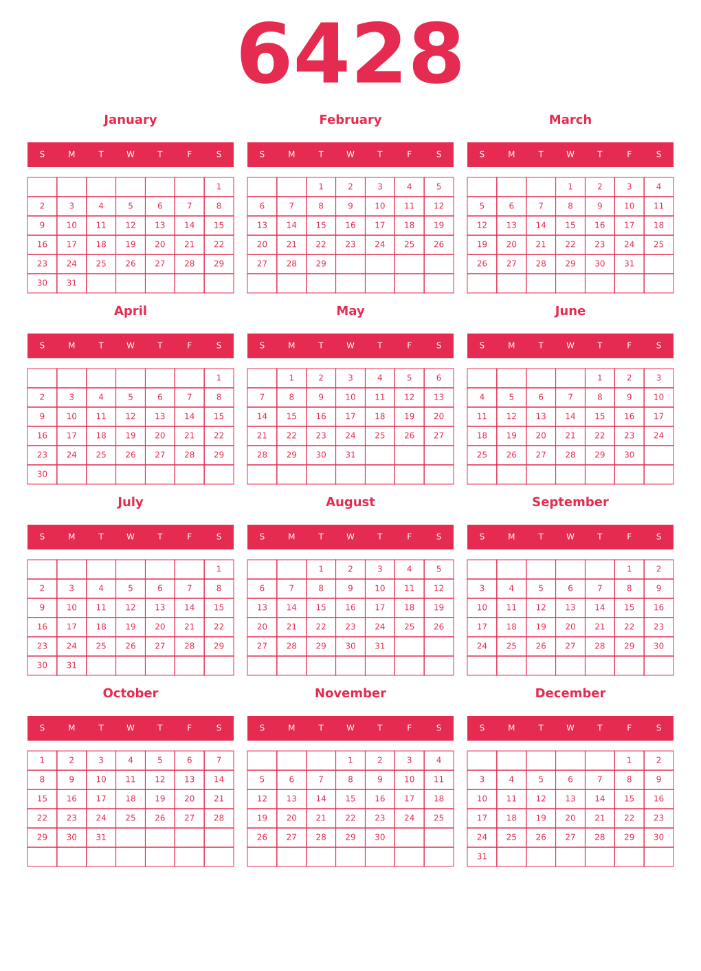 Printable 6428 Year Calendars amaranth