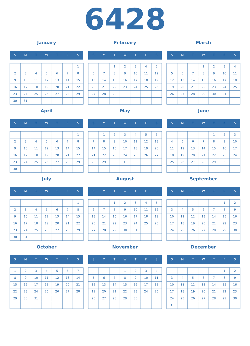 Printable 6428 Year Calendars blue