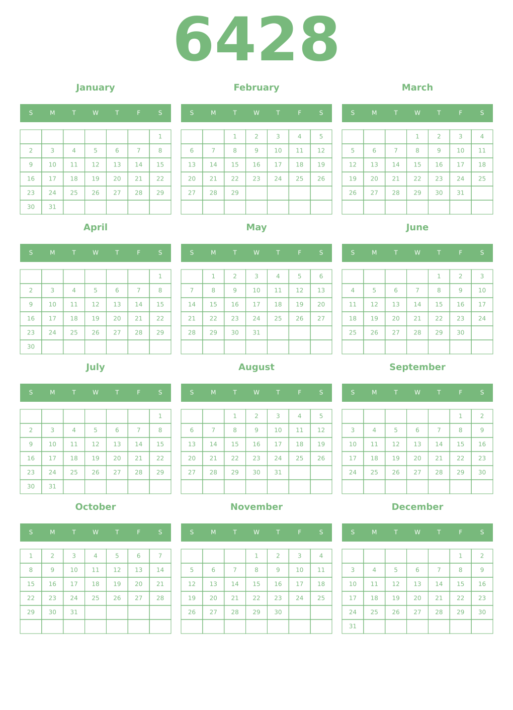 Printable 6428 Year Calendars celadon