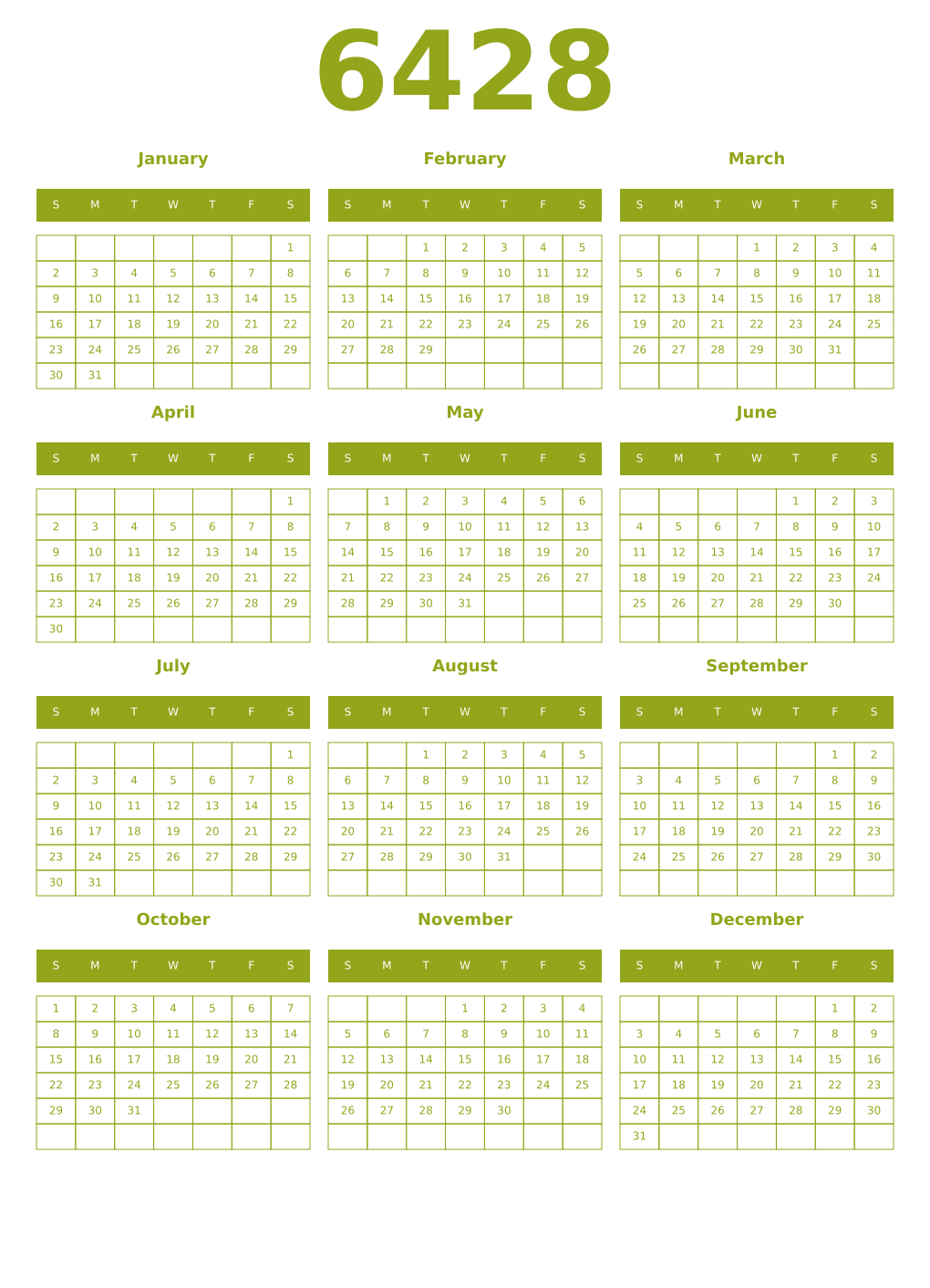 Printable 6428 Year Calendars chartreuse