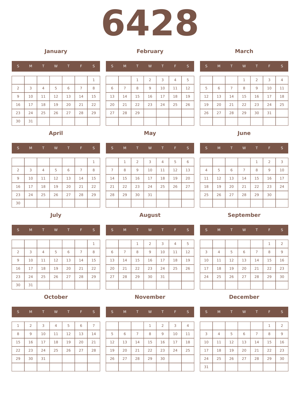 Printable 6428 Year Calendars coffe