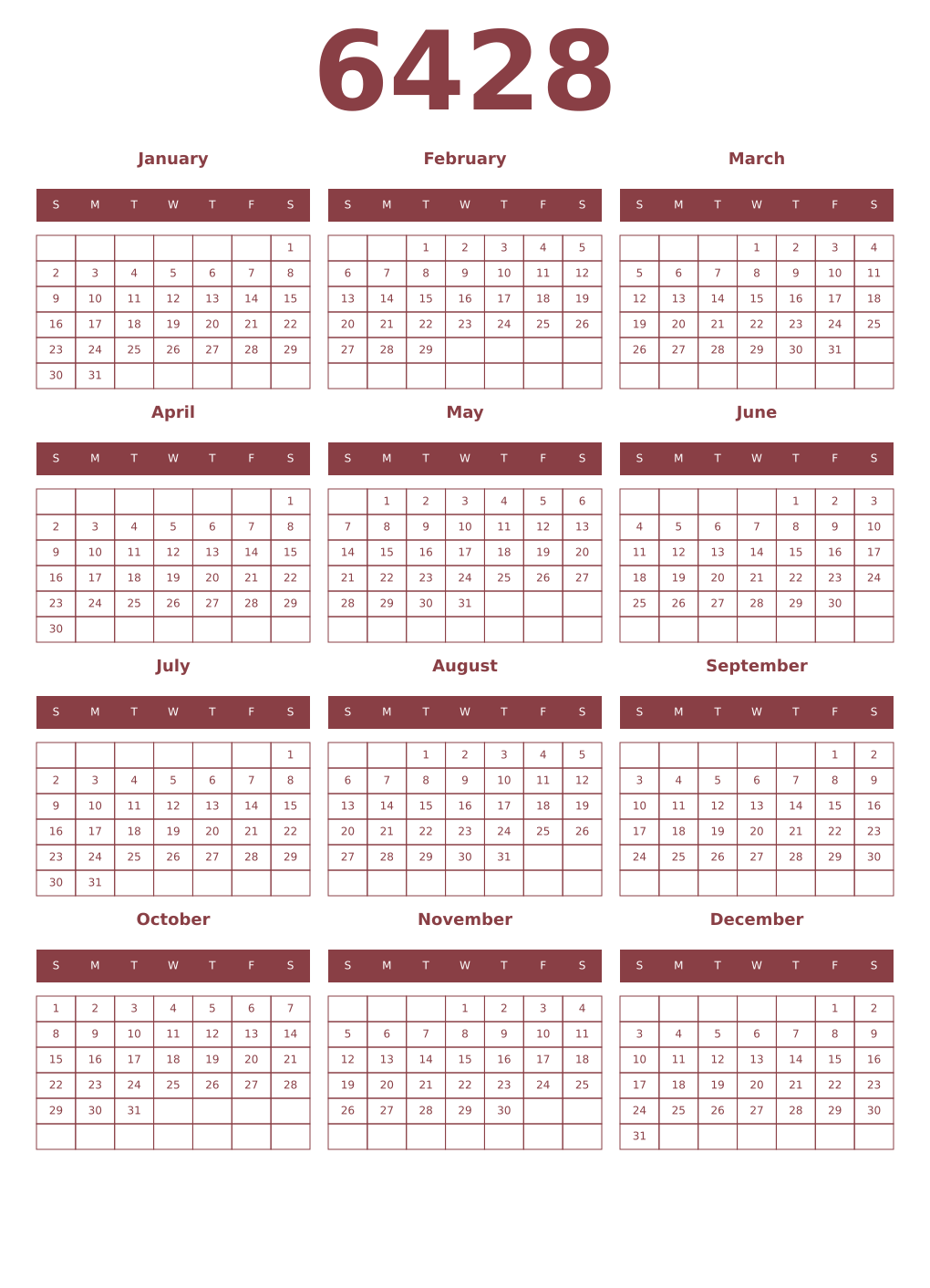Printable 6428 Year Calendars cordovan