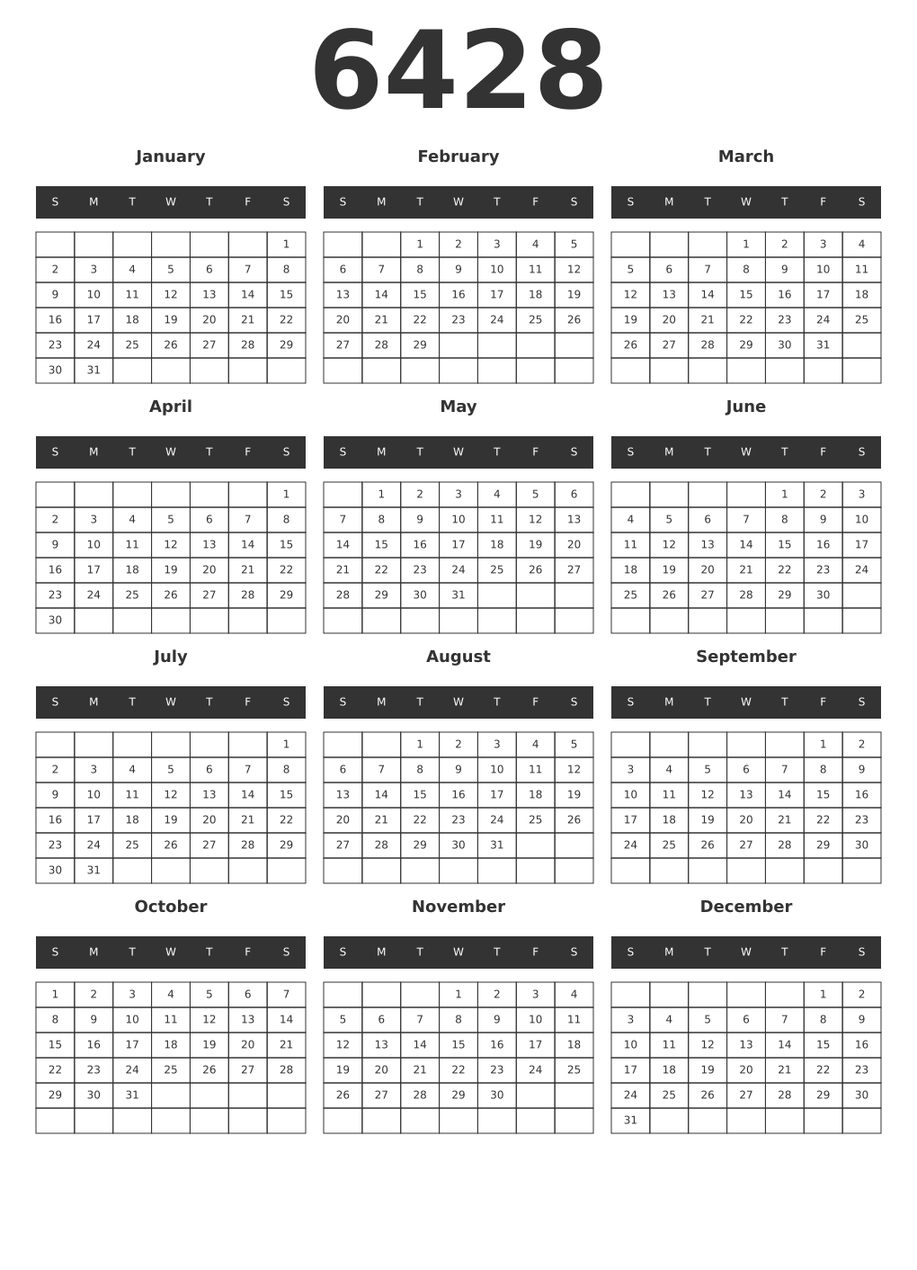 Printable 6428 Year Calendars dark