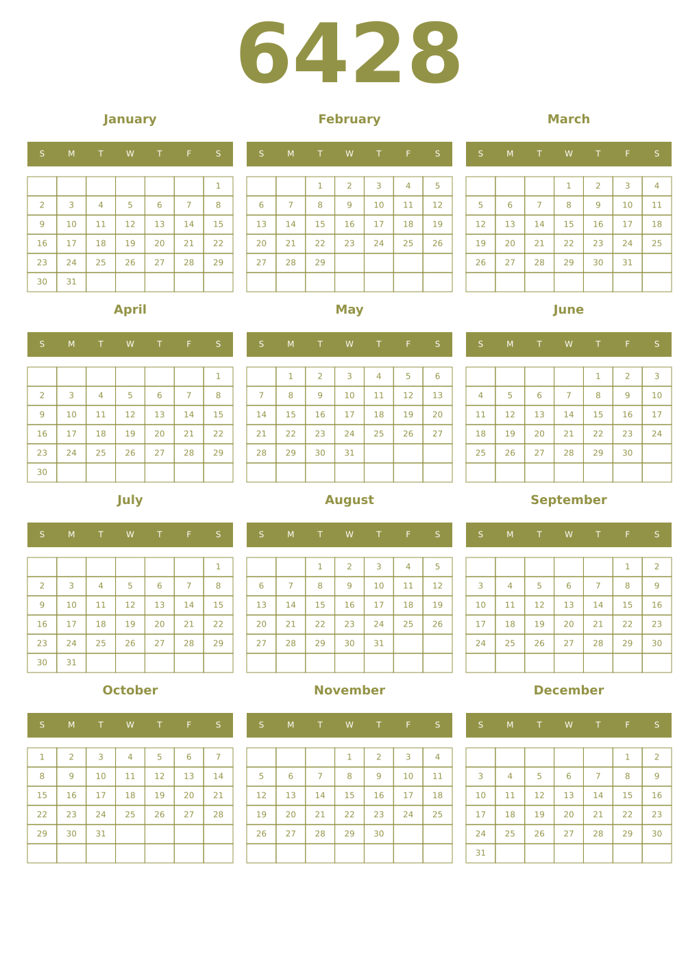 Printable 6428 Year Calendars eburnean