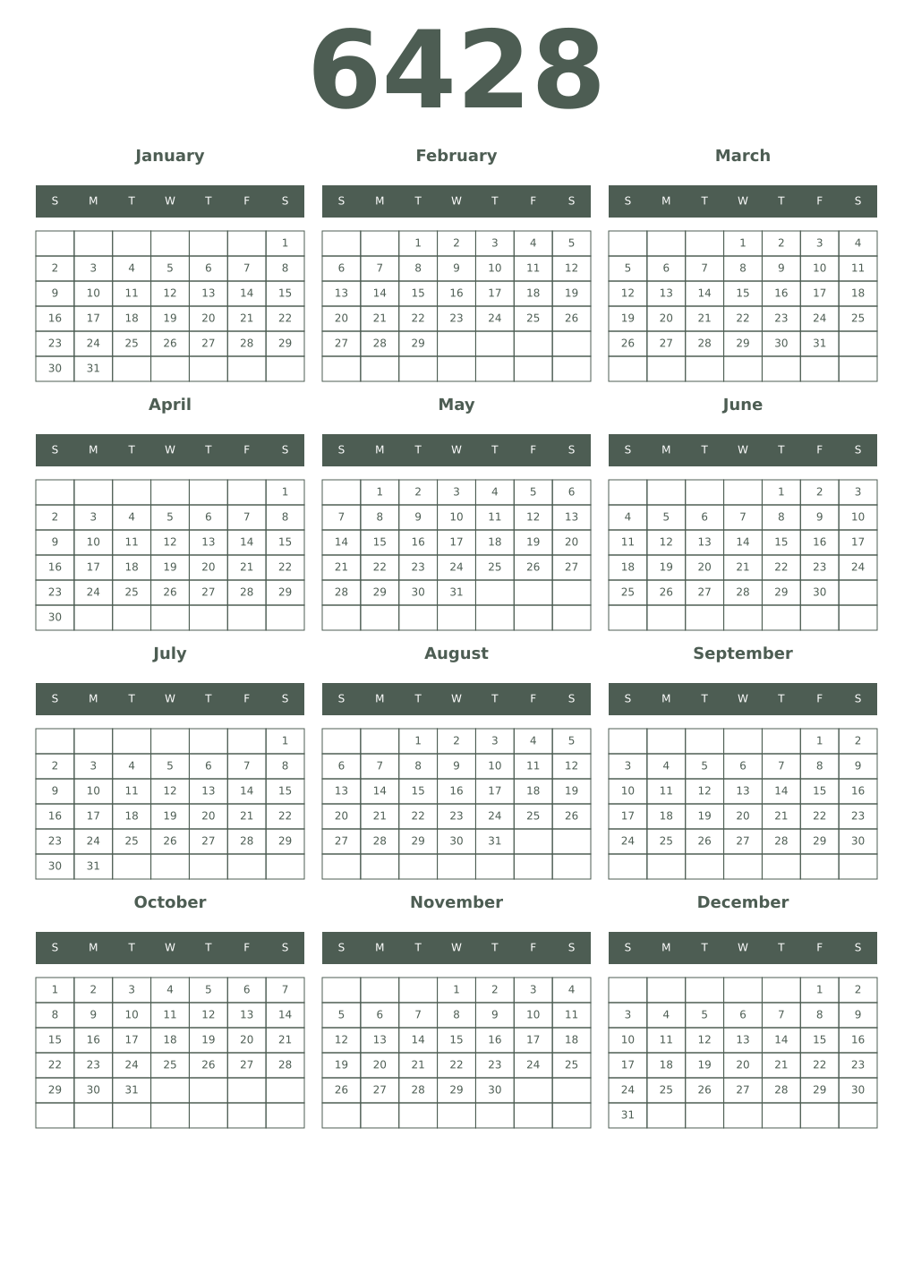 Printable 6428 Year Calendars feldgrau