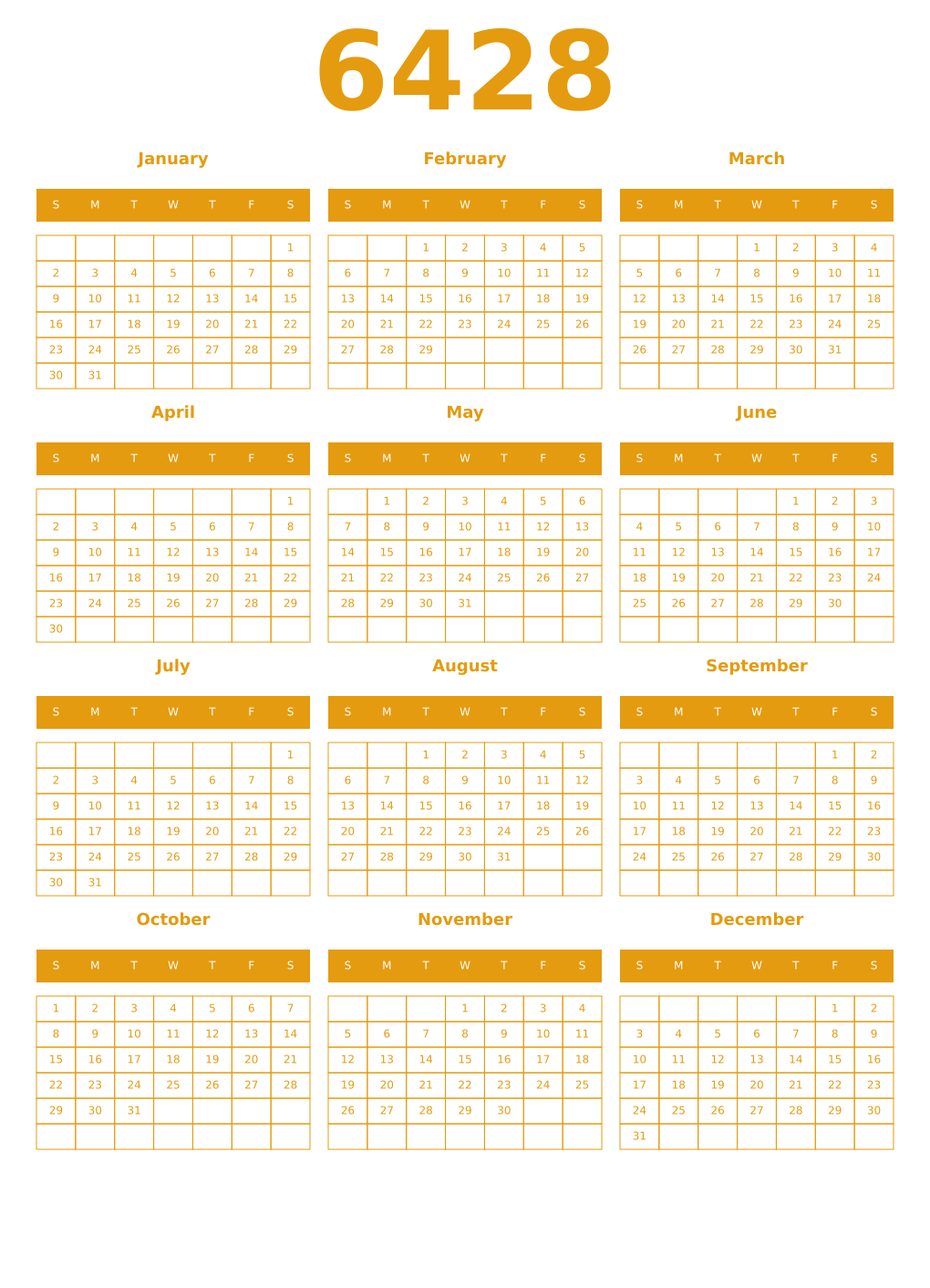Printable 6428 Year Calendars gamboge