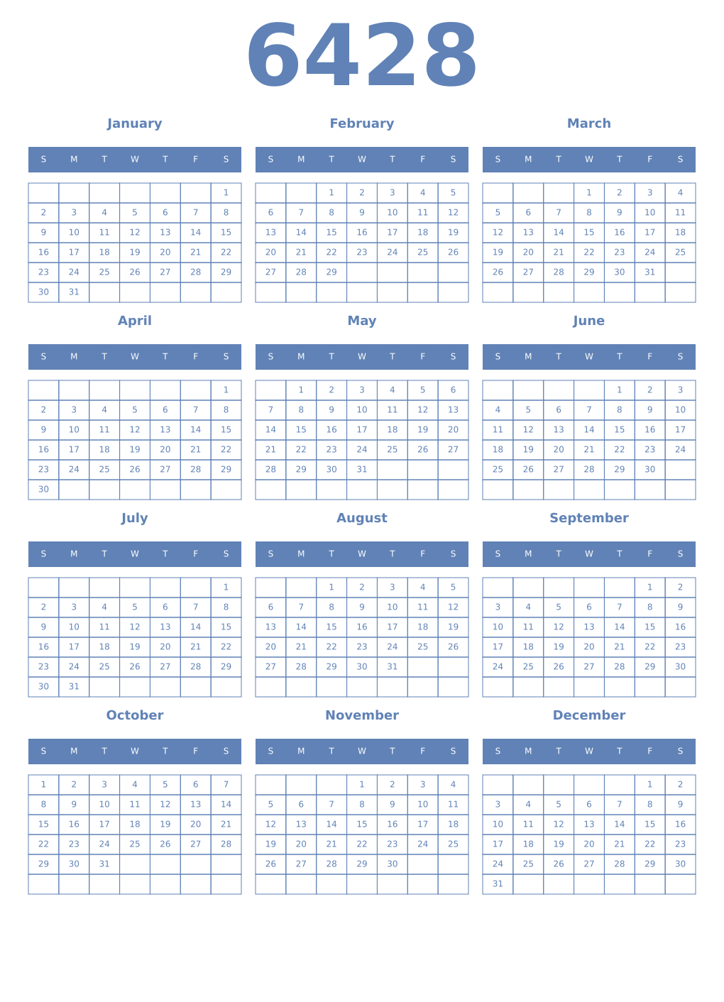 Printable 6428 Year Calendars glaucous