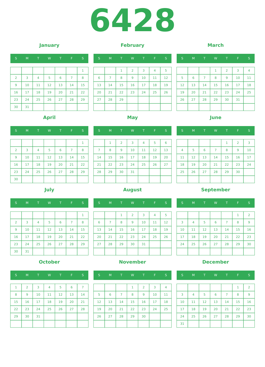Printable 6428 Year Calendars green