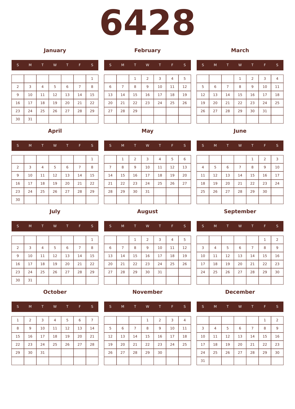 Printable 6428 Year Calendars mortuum