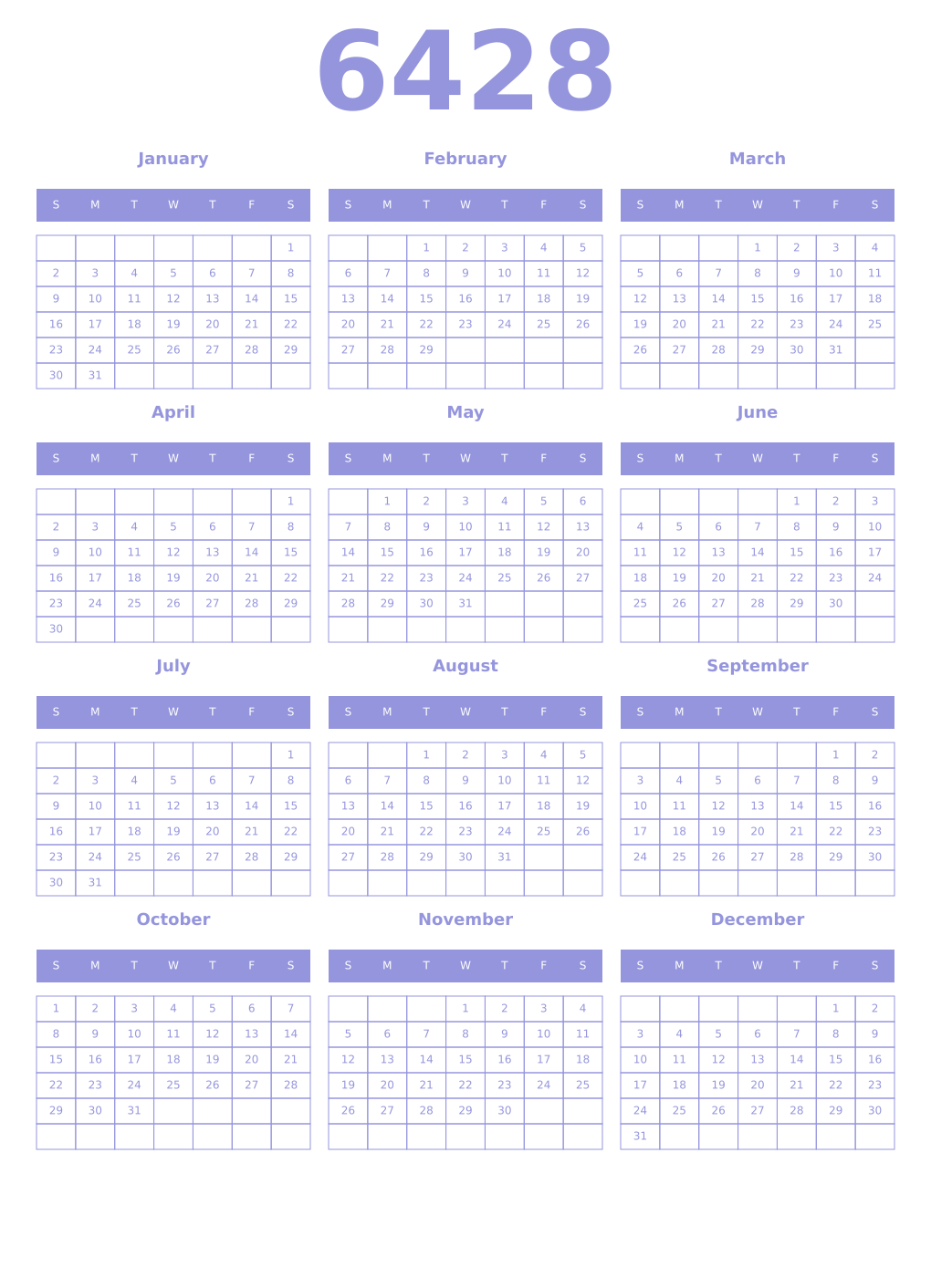 Printable 6428 Year Calendars periwinkle