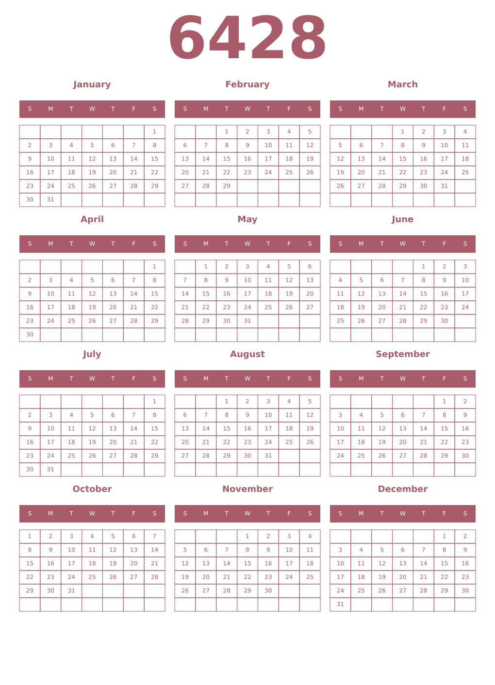 Printable 6428 Year Calendars puce