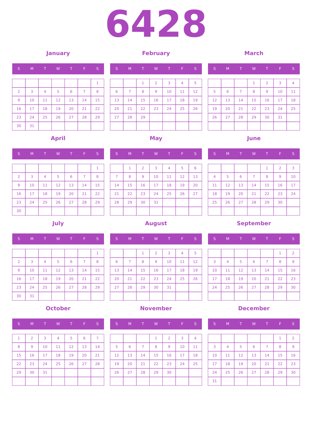 Printable 6428 Year Calendars purple