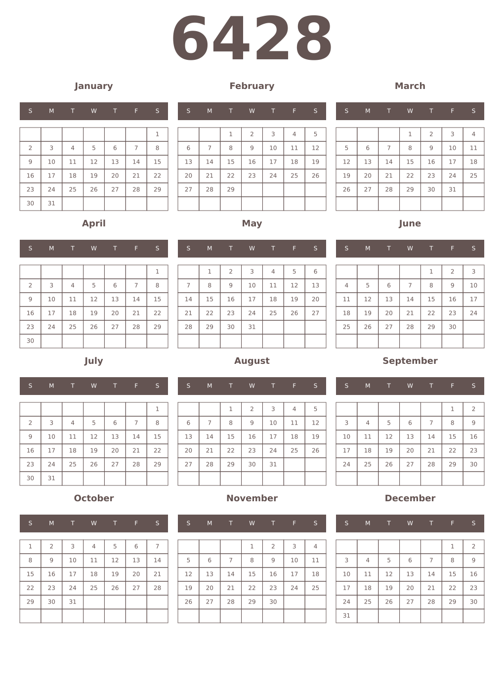 Printable 6428 Year Calendars wenge
