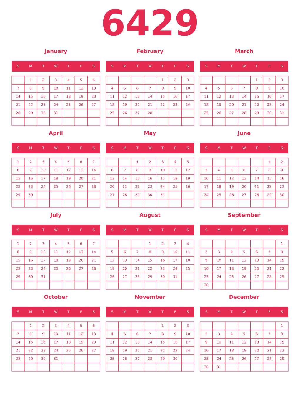 Printable 6429 Year Calendars amaranth