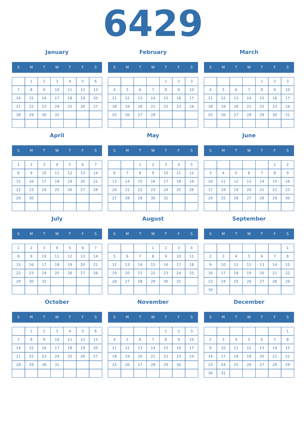 Printable 6429 Year Calendars blue