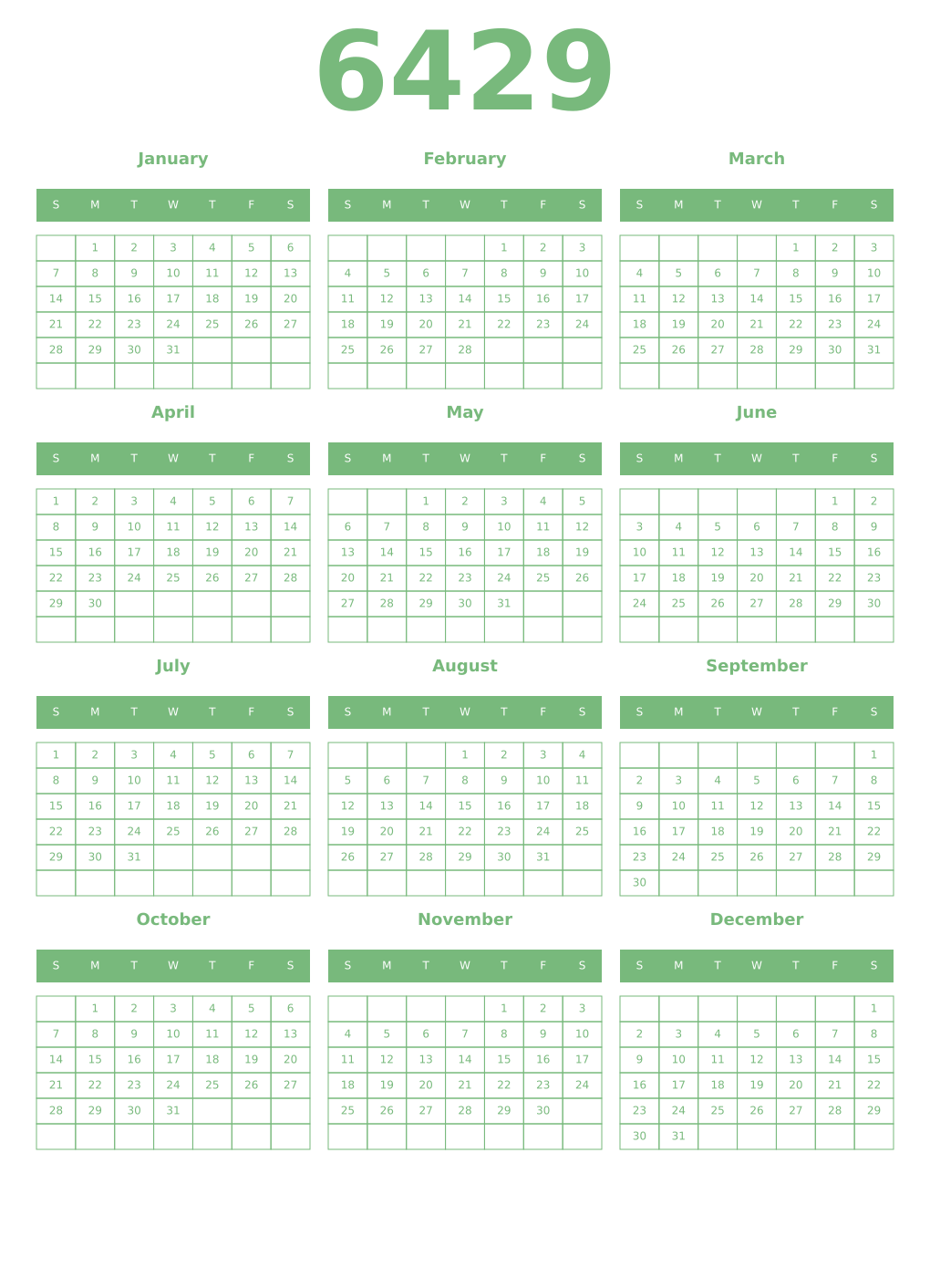 Printable 6429 Year Calendars celadon