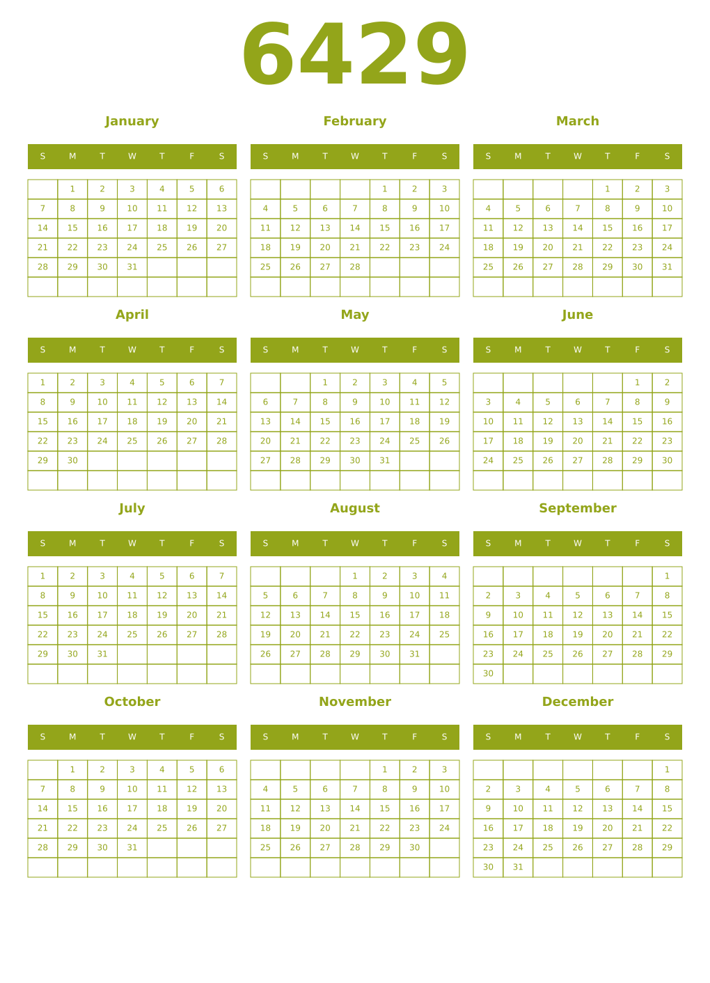 Printable 6429 Year Calendars chartreuse