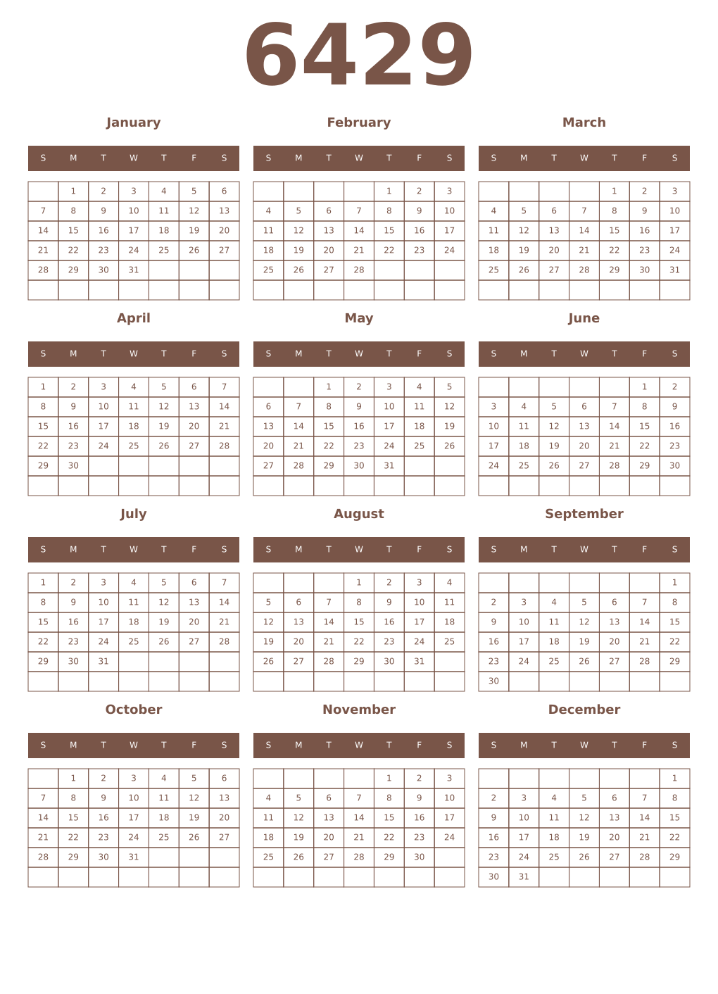 Printable 6429 Year Calendars coffe