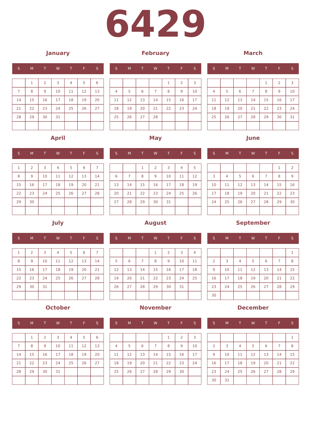 Printable 6429 Year Calendars cordovan