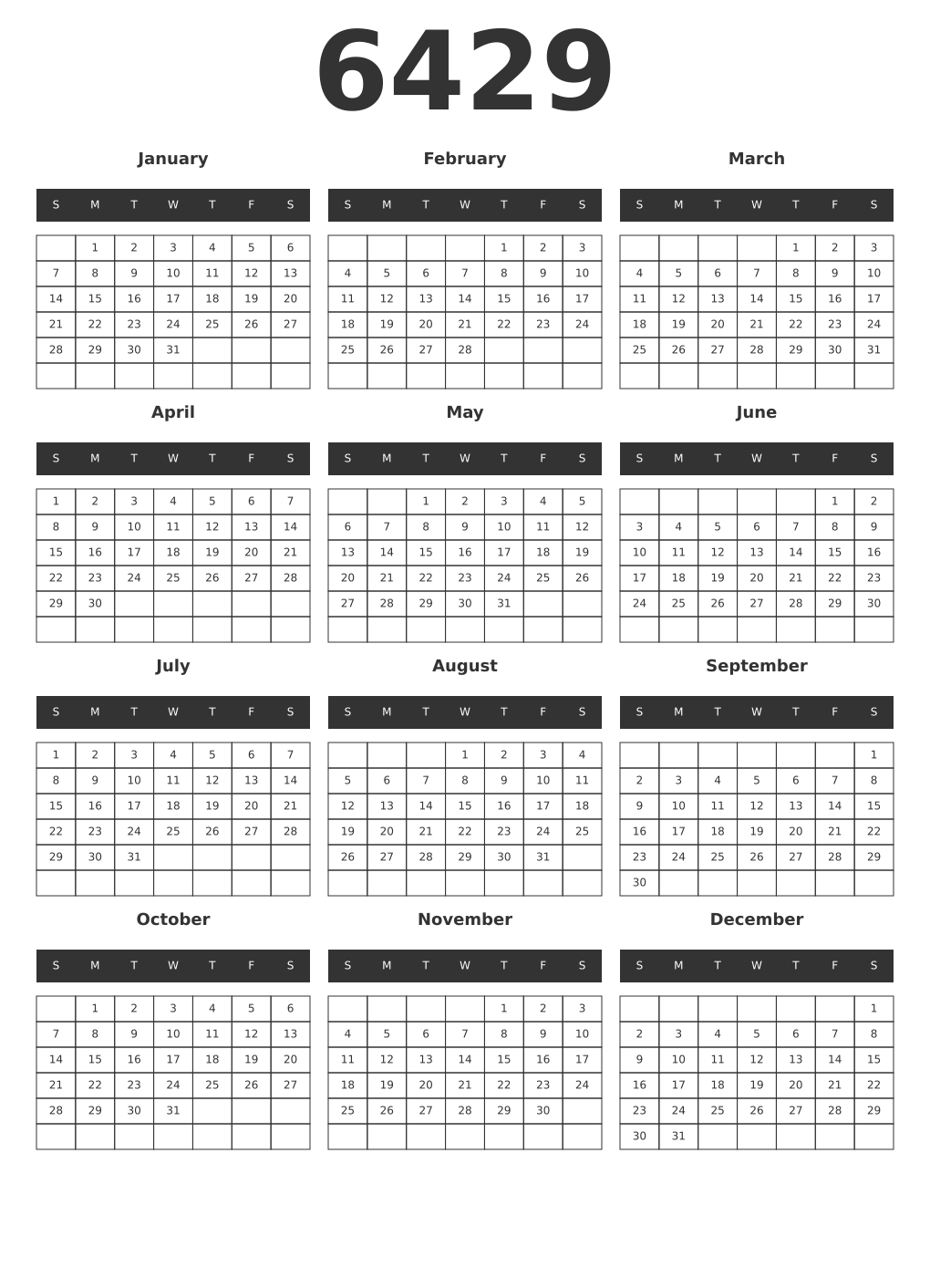 Printable 6429 Year Calendars dark