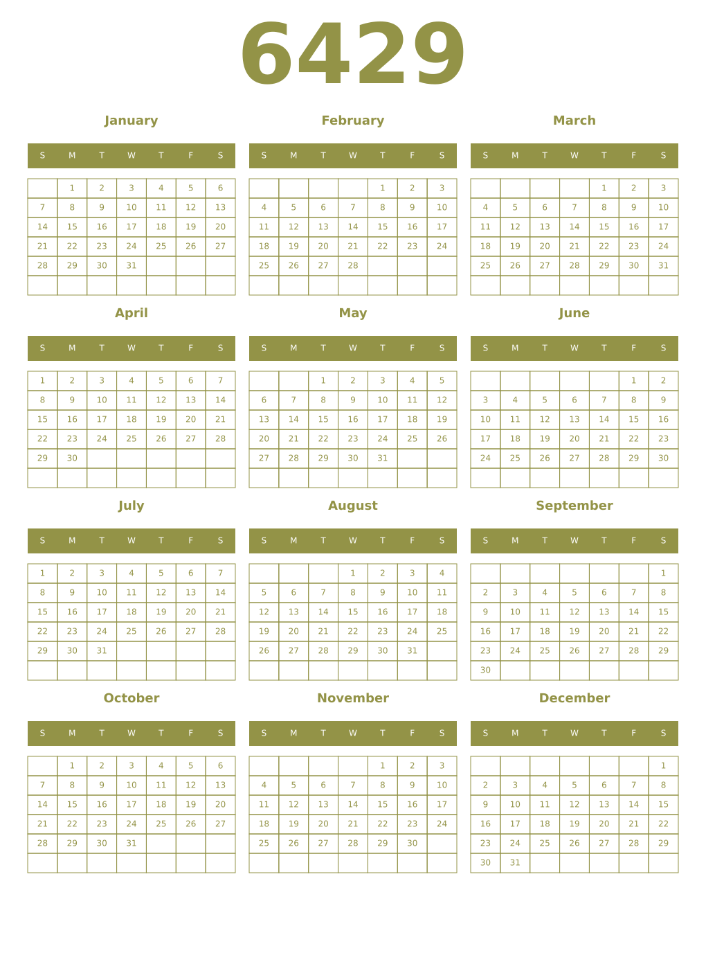Printable 6429 Year Calendars eburnean