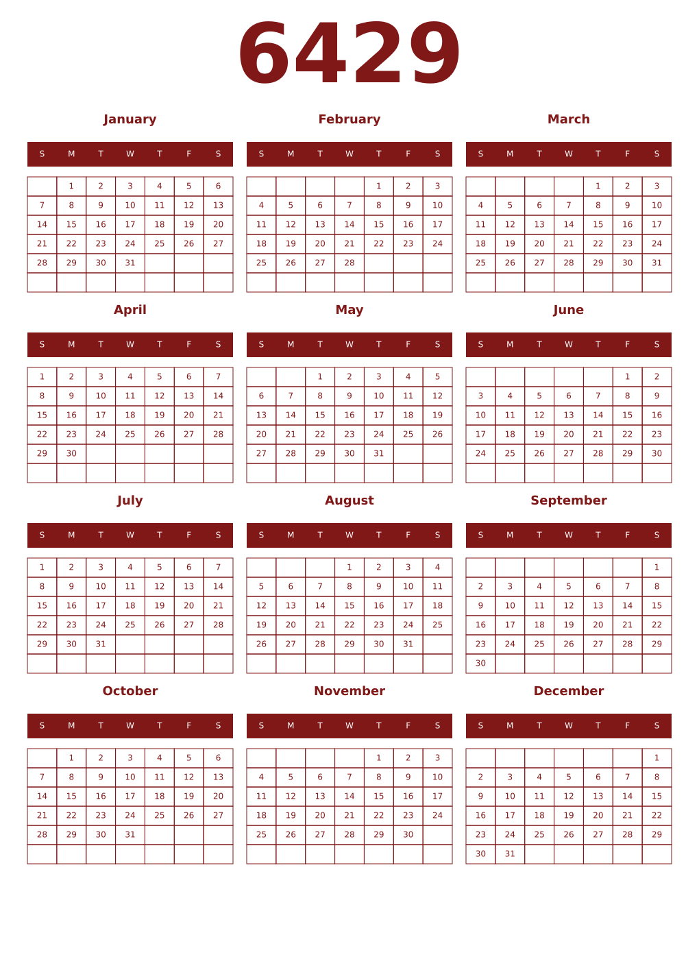 Printable 6429 Year Calendars falu