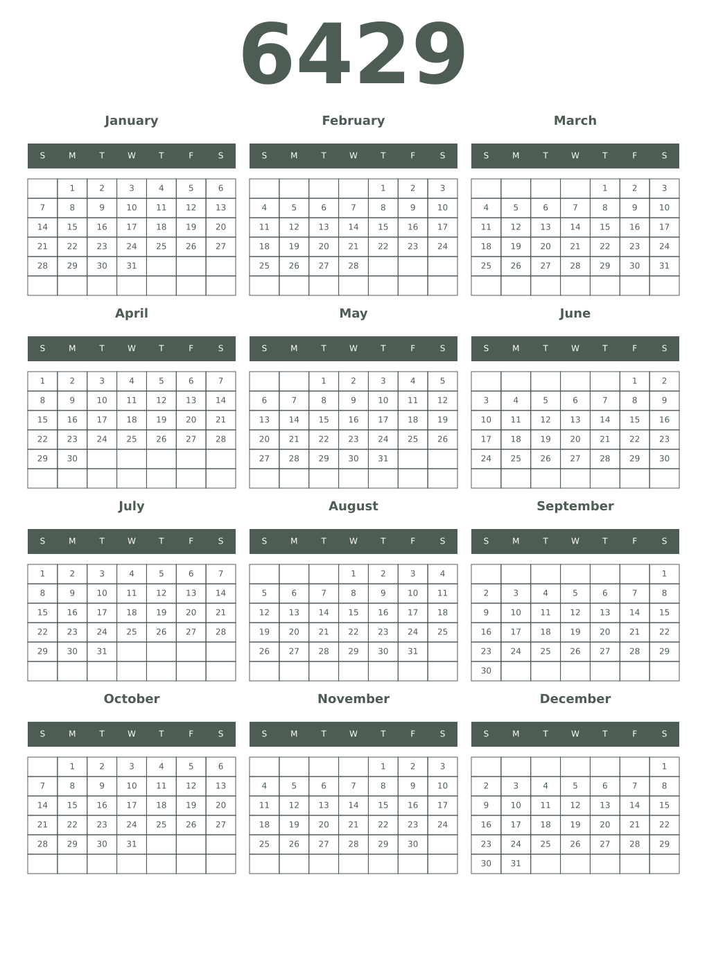 Printable 6429 Year Calendars feldgrau