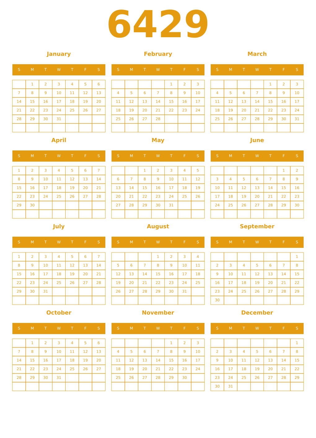 Printable 6429 Year Calendars gamboge