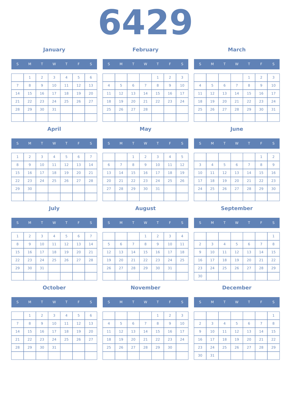 Printable 6429 Year Calendars glaucous