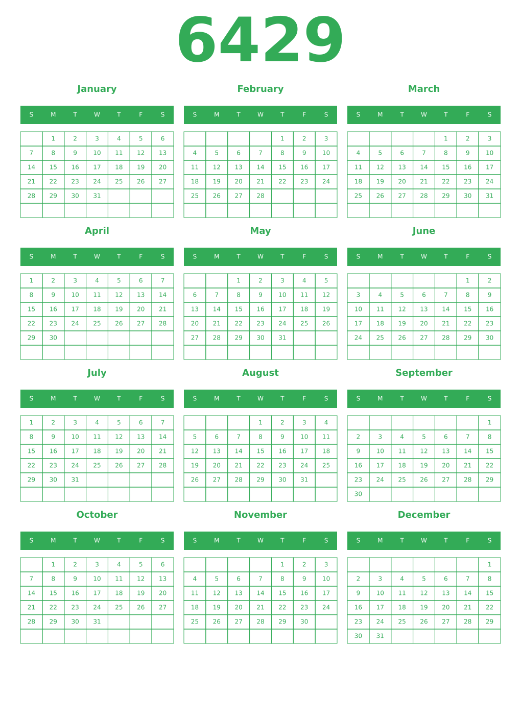 Printable 6429 Year Calendars green