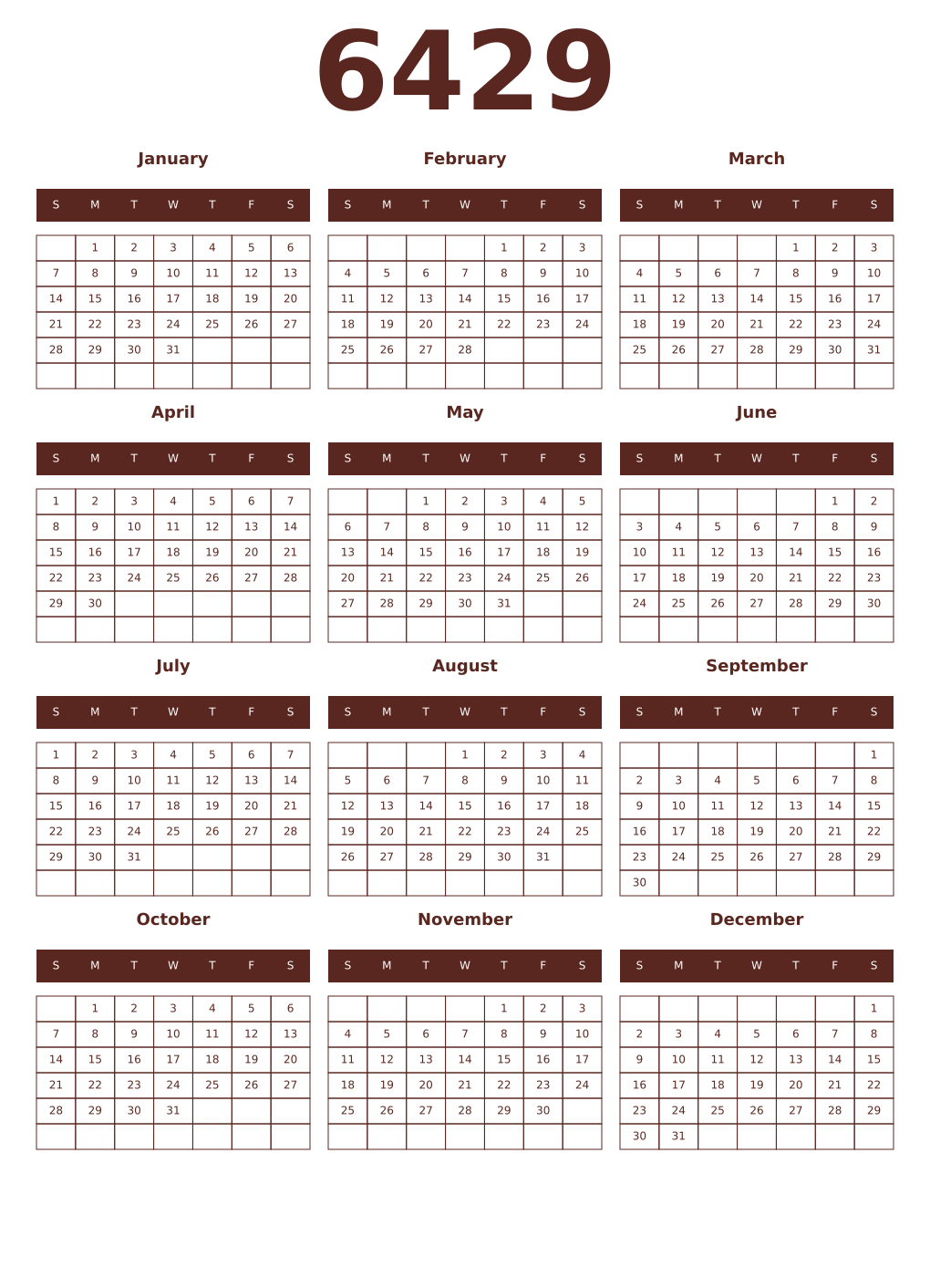 Printable 6429 Year Calendars mortuum