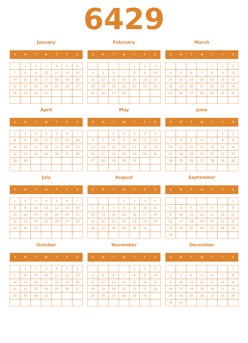 Printable 6429 Year Calendars orange