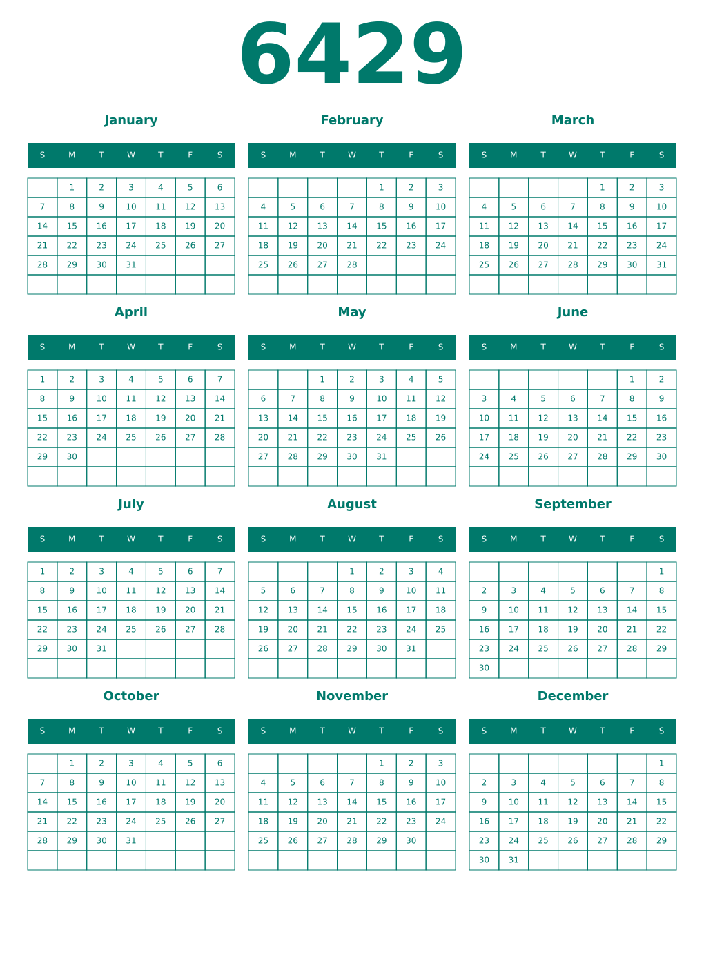 Printable 6429 Year Calendars pastel