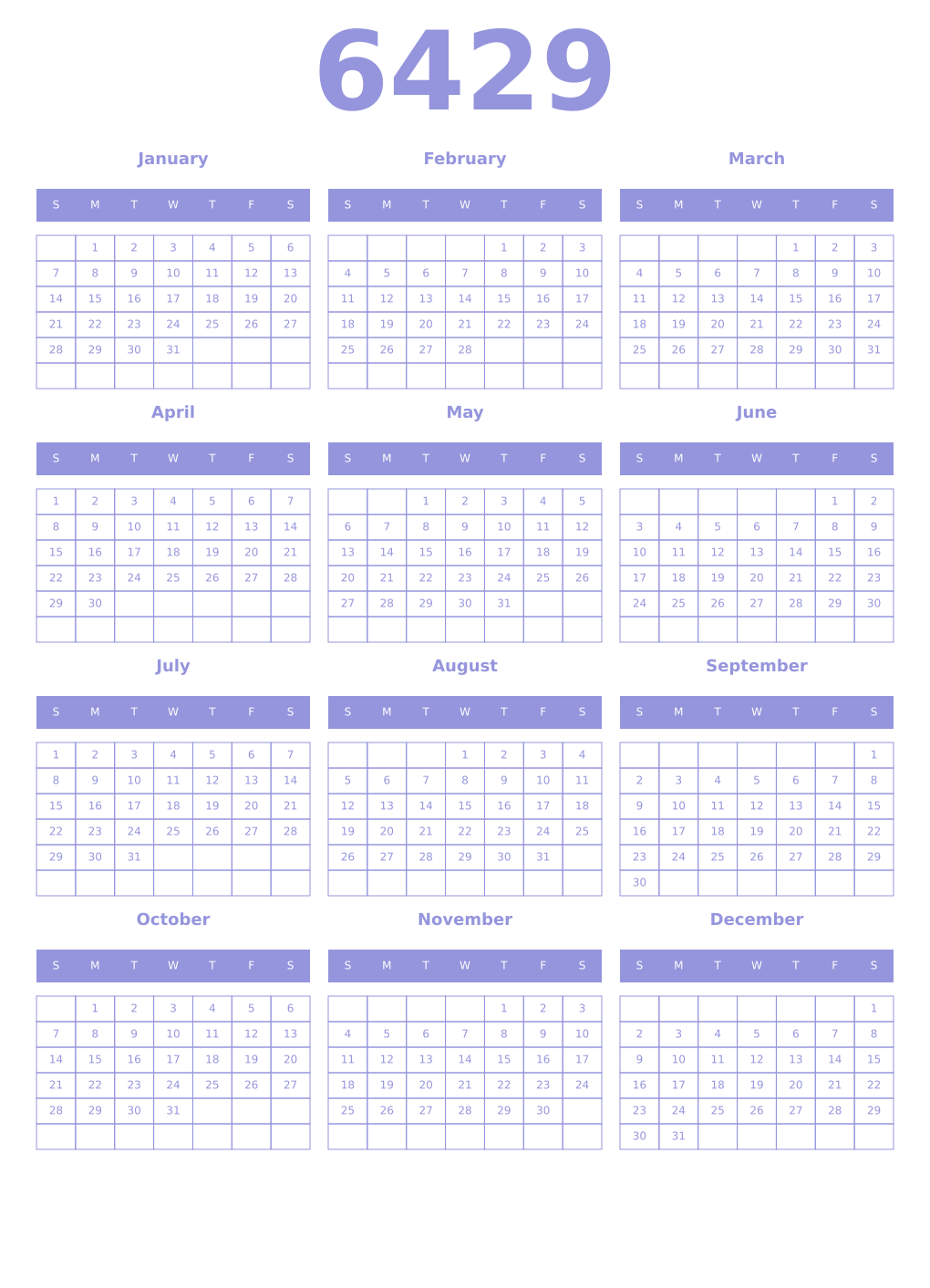 Printable 6429 Year Calendars periwinkle