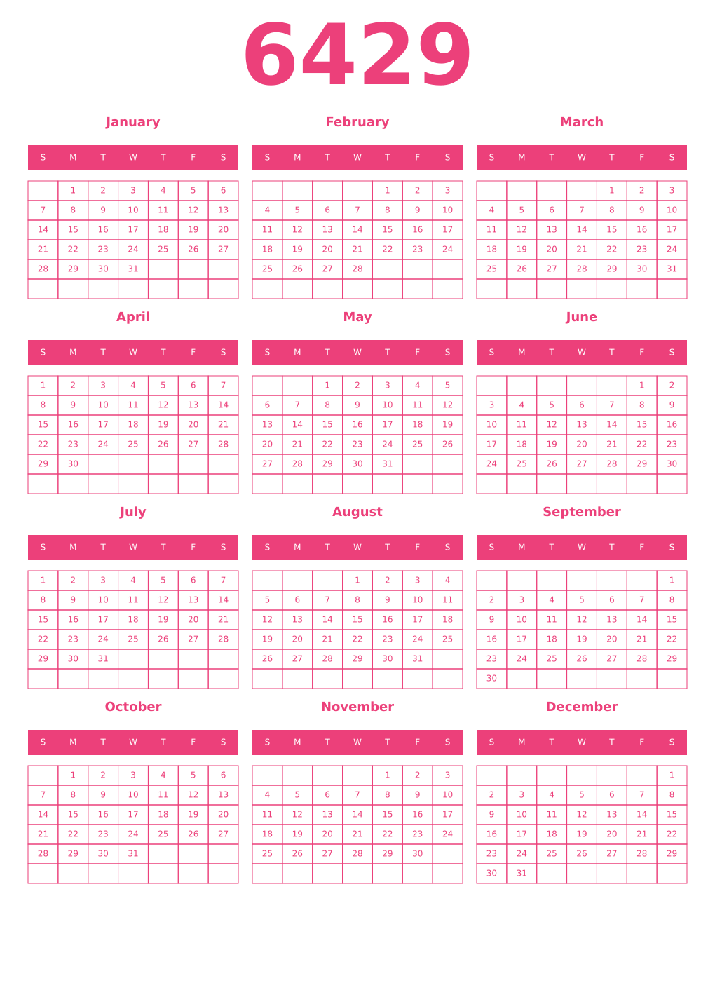 Printable 6429 Year Calendars pink
