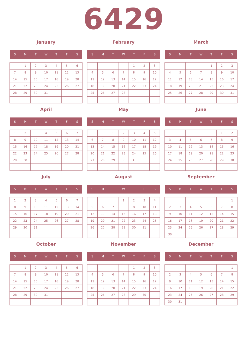 Printable 6429 Year Calendars puce