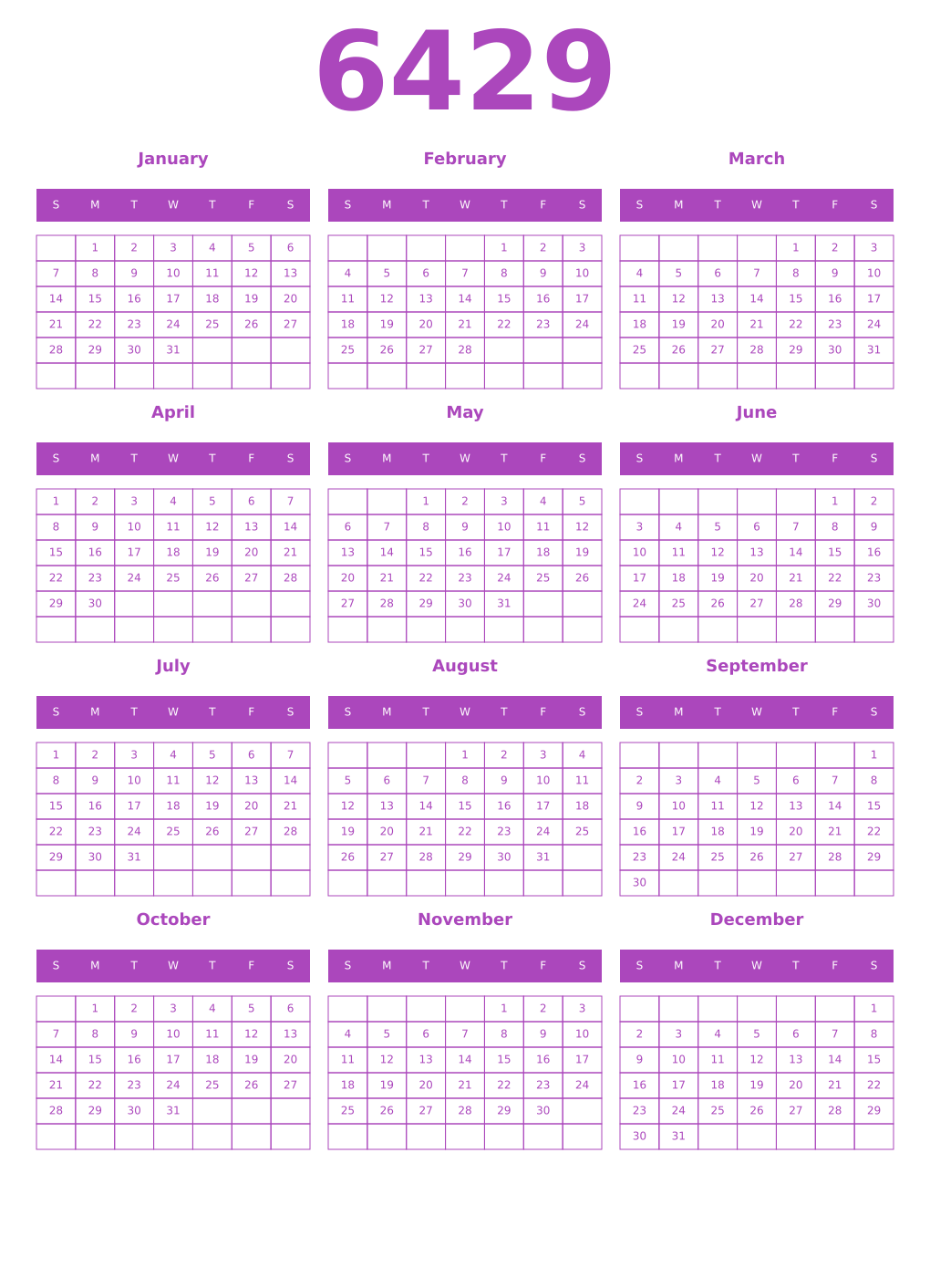 Printable 6429 Year Calendars purple