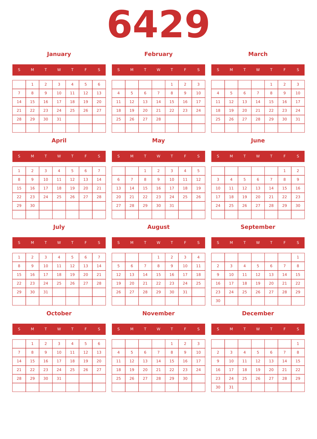 Printable 6429 Year Calendars red