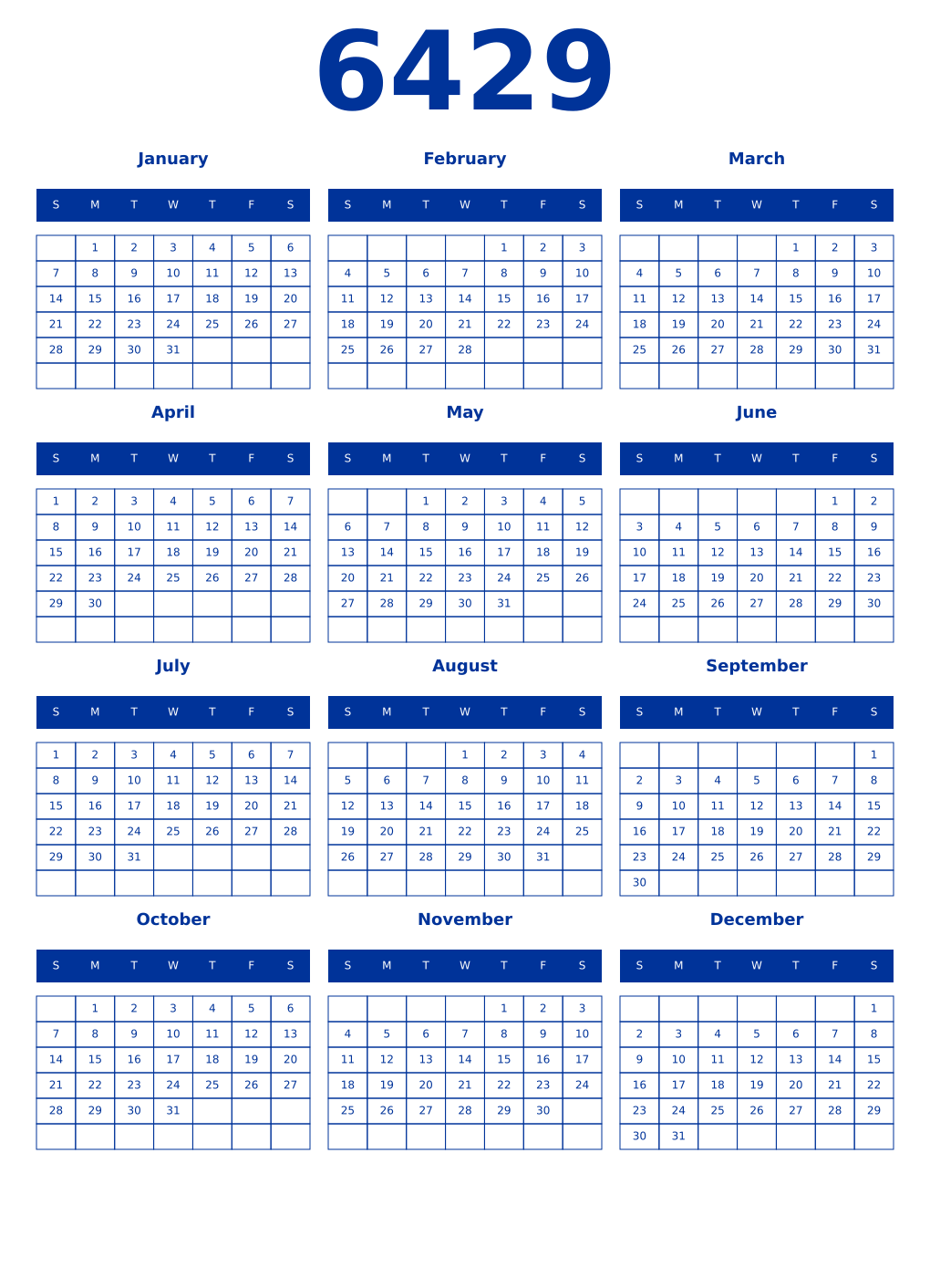 Printable 6429 Year Calendars smalt
