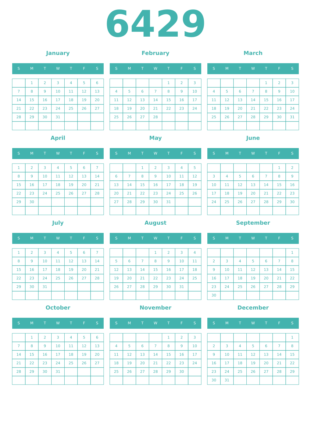 Printable 6429 Year Calendars verdigris