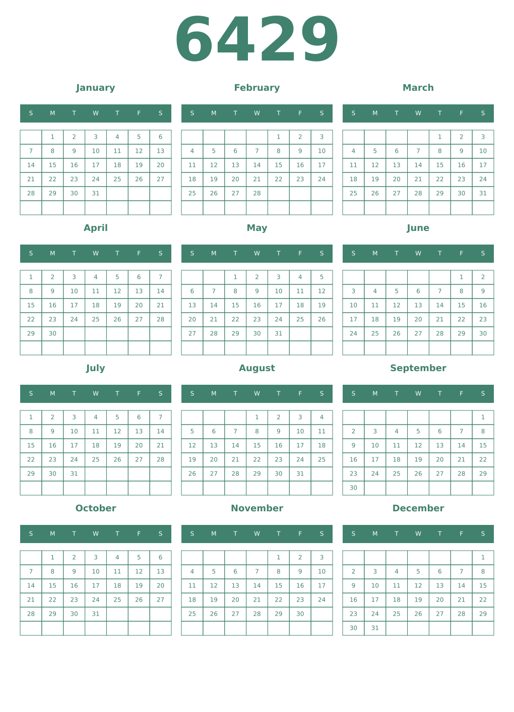 Printable 6429 Year Calendars viridian
