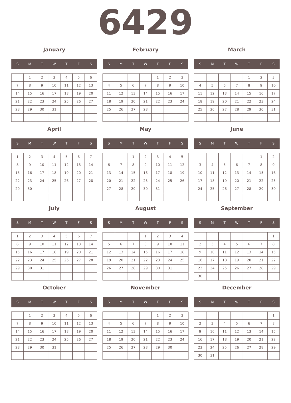 Printable 6429 Year Calendars wenge